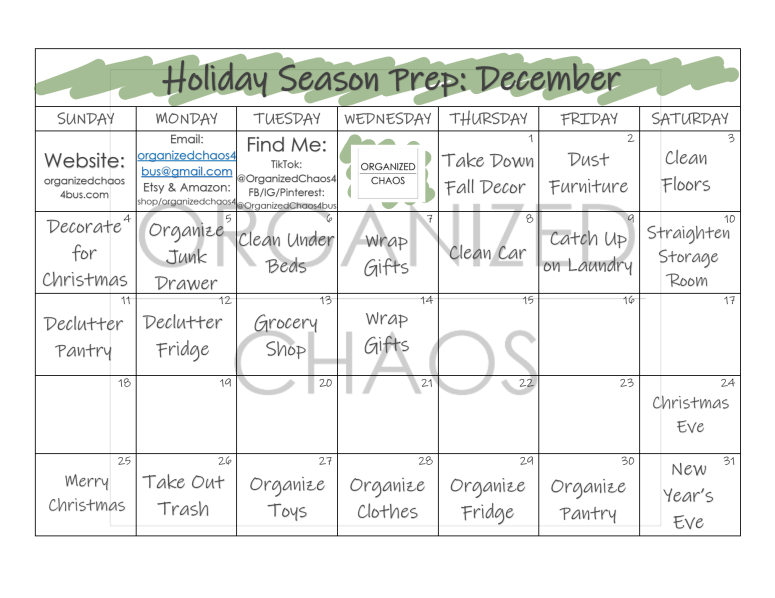 Holiday Prep – December Calendar – Organized Chaos